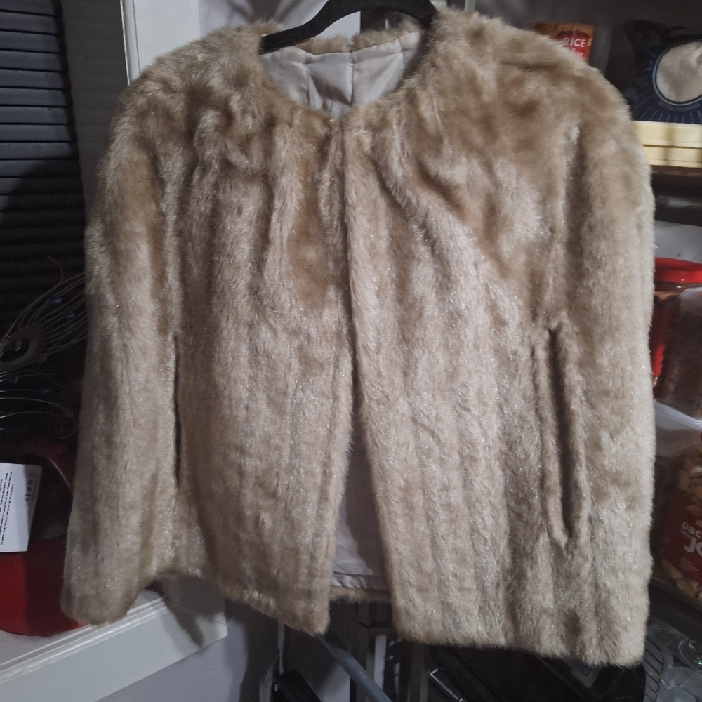 Tan Teddy Jacket Plush Faux Fur Hip Length